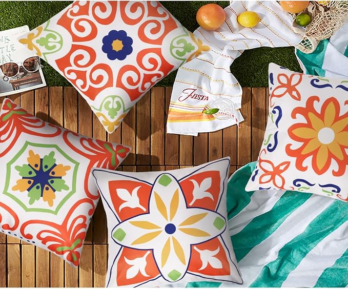 Pyonic Outdoor Waterproof Throw Pillow Covers for Patio Furniture Decorative Boho Pillow Covers 20x20 Floral Printed for Patio Tent Couch Garden Set of 4,Yellow