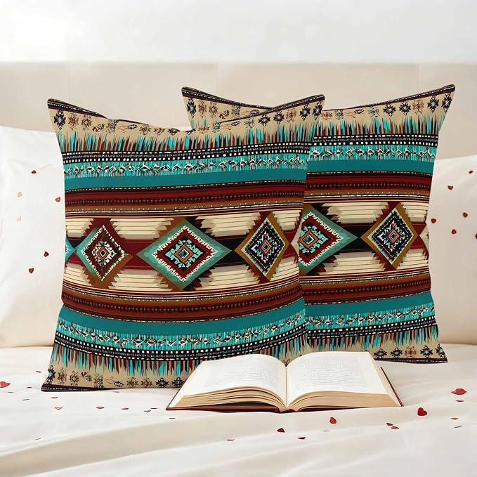 Boho Ethic Outdoor Pillow Covers 20"x20" Set of 2, Western Aztec Tribal Teal Brown Diamond Stripes Waterproof Throw Pillow Covers for Patio Furniture, Decorative Cushion Covers for Porch