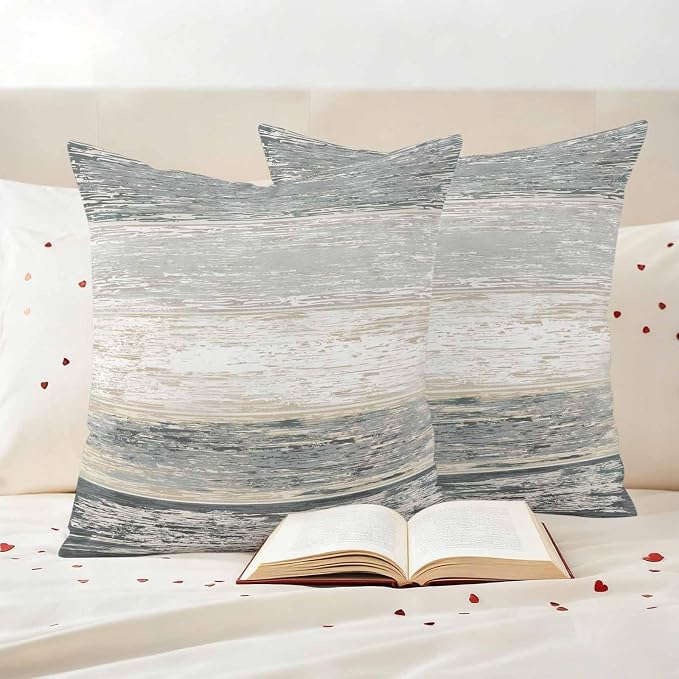 Outdoor Waterproof Throw Pillow Covers, Vintage Black Grey Decorative Pillow Cases, Farmhouse Barn Wooden Striped Couch Pillow Protector Patio Sofa Cushion Covers Replacement 26"x26" 2 Pack