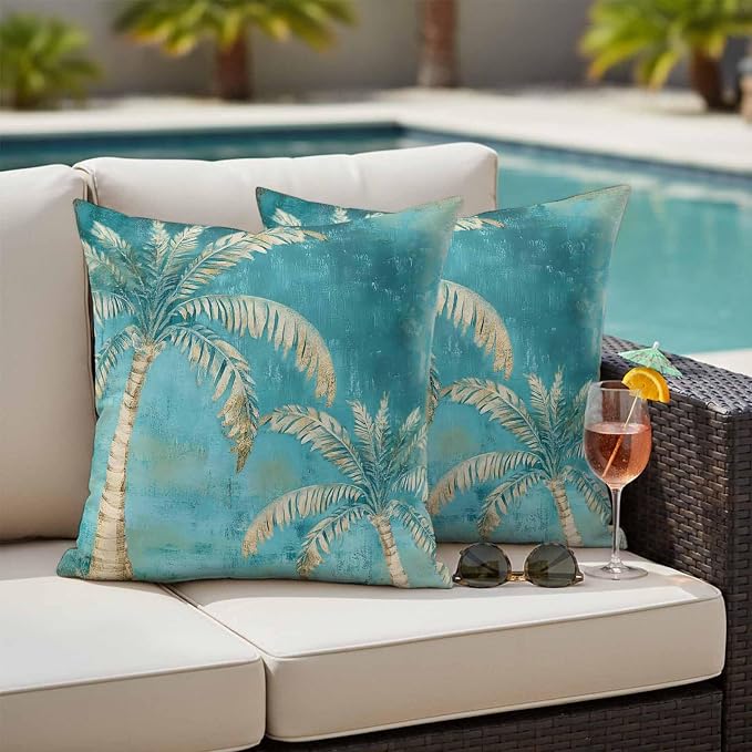 Coastal Beach Palm Tree Outdoor Waterproof Pillow Covers, Retro Teal Decorative Square Throw Pillowcase, Tropical Plant Summer Sofa Cushion Sham for Patio/Couch/Chair, 24"x24" 2 Pack