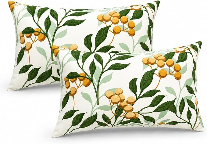 Outdoor Lumbar Pillows 12x20, 2 Pack with Inserts, Botanical | 2-Pack 12x20 Outdoor Lumbar Pillows with Inserts, Water-Repellent Covers, Hidden Zippers, Plump Comfort for Patio & Sofa