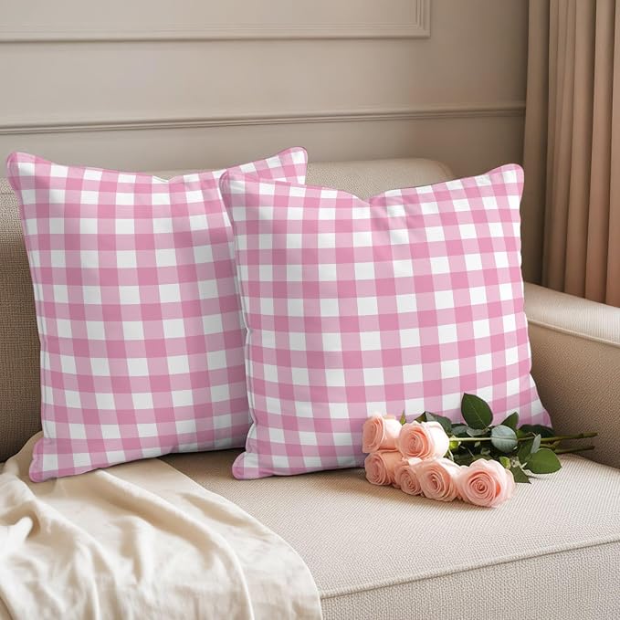 Rose Pink Checks Outdoor Pillow Covers 24"x24" Set of 2, Gingham Plaid Abstract Modern Minimalist Waterproof Throw Pillow Covers for Patio Furniture, Decorative Cushion Covers for Porch