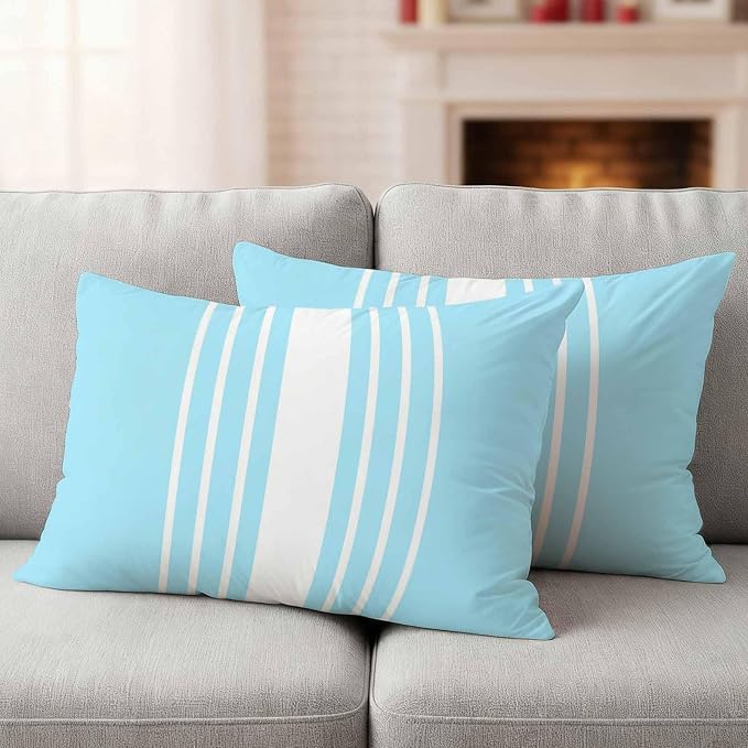 Aqua White Stripe Outdoor Pillow Covers 20x12 Inch Lumbar Pillow Covers Set of 2 Waterproof Decorative Throw Pillow Cases Modern Rustic Vertical Striped Cushion Covers for Patio Furniture Garden Couch