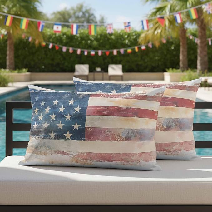 Retro American Flag Outdoor Pillow Covers 20"x12" Set of 2, Independence Day Waterproof Throw Pillow Covers for Patio Furniture, Decorative Cushion Covers for Porch