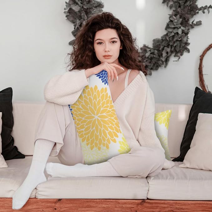 Chaise Head Rest Pillows Set of 2, Waterproof Outdoor Lounge Pillow Lumbar Pillows with Insert Adjustable Elastic Strap Decorative Pillows for Patio Beach Chair,Yellow Blue Flower