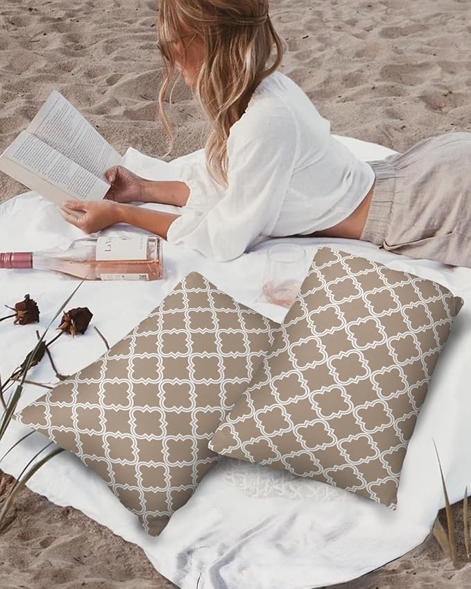 Outdoor Waterproof Pillow Covers for Patio Furniture Moroccan Pattern Decorative Throw Pillow Cover Beige Pillowcases Set of 2 Cushion Case for Sofa Couch Chair Home Decor 20x12 inch