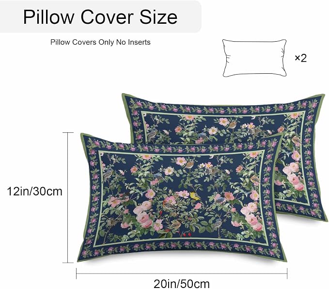 Vandarllin Outdoor Throw Pillows Covers 20x12 inch Set of 2 Waterproof Pink Floral Bird Decorative Zippered Cushion Covers for Patio Furniture, Green Leaves Branches Navy Blue Lumbar Pillowcases