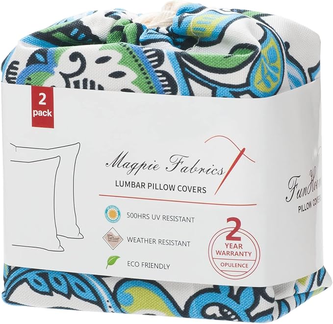 Magpie Pack of 2 Outdoor/Indoor Lumbar Pillow Case Covers 12"x20", Waterproof Rectangular Throw Pillowcase Shell Decorative Cushion Sham for Home Patio Garden Tent Couch - Floral Blue Green