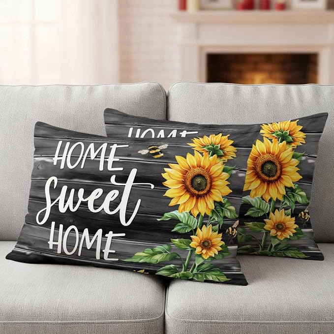 Lumbar Pillow Covers 20x12 Inch Set of 2, Spring Sunflowers Waterproof Outdoor Pillow Covers, Black Wooden Grain Country Farm Decorative Cushion Pillowcases for Couch, Sofa, Bed, Garden, Patio