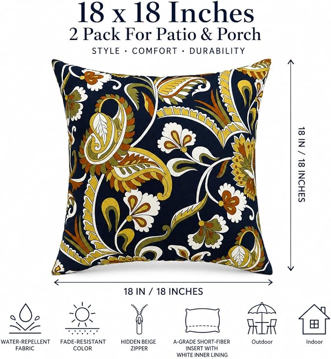 Outdoor/Indoor Decorative Throw Pillows 18×18 Inch | Pack of 2 Waterproof Decorative Throw Pillows with Inserts, Square Pillows for Bed, Couch, Sofa and Patio Furniture
