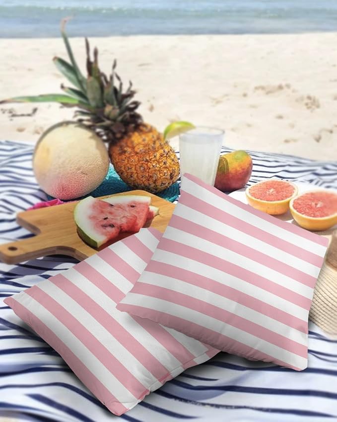 Outdoor Waterproof Pillow Covers for Patio Furniture Pink and White Stripes Decorative Throw Pillow Cover Solid Striped Pillowcases Set of 2 Cushion Case for Sofa Couch Chair 24 x 24 in