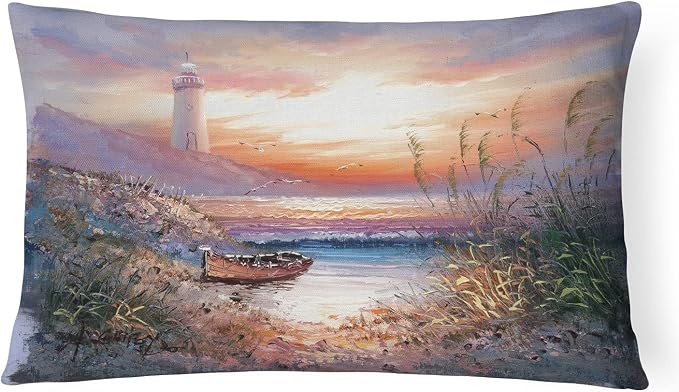 Caroline's Treasures APH4130PW1216 Lighthouse Scene with Boat Canvas Fabric Decorative Pillow Machine Washable, Indoor Outdoor Decorative Pillow for Couch, Bed or Patio, 12HX16W