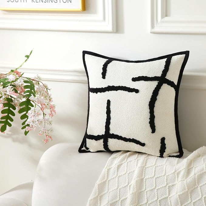 Decorative Throw Pillows with Inserts 2 Pack 18" x 18" Boho Soft Tufted Modern Chenille Pillow for Home, Patio, Couch, Bedroom, Living Room (Black Lines)