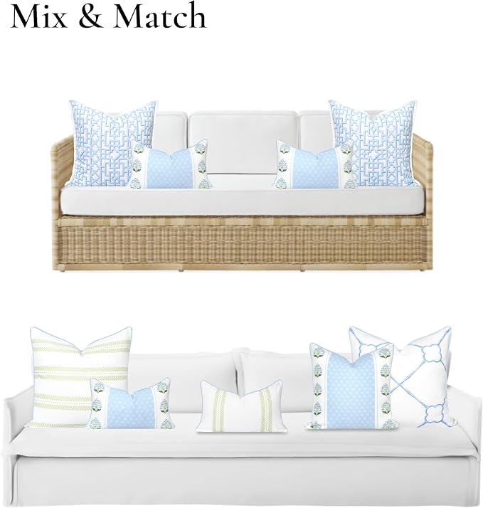Hofdeco Premium Grandmillennial Coastal Hampton Patio Indoor Outdoor Lumbar Pillow Cover Only, 12"x20" Water Repellent for Backyard, Couch, Poolside, Blue Green Block Print Striped Lily of the Valley