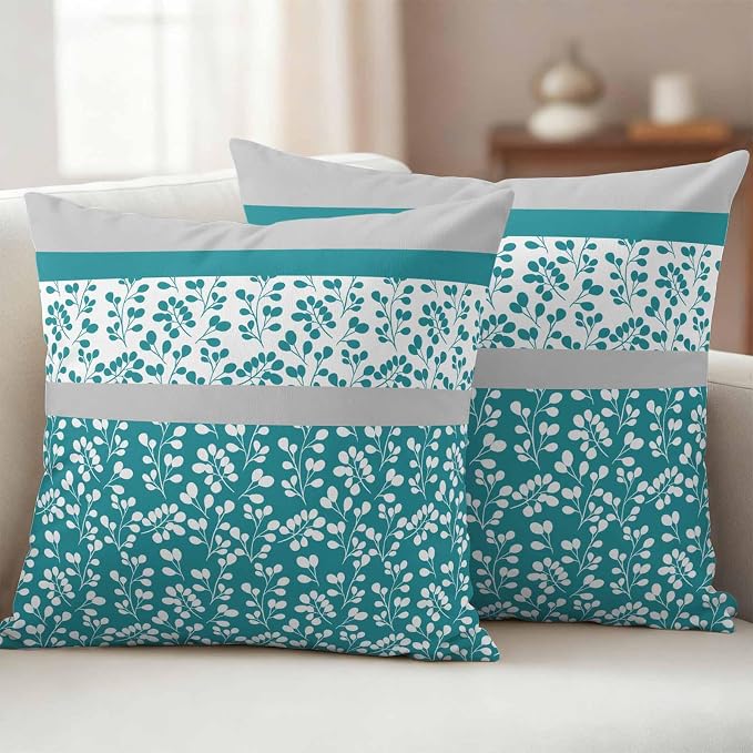 Teal Floral Outdoor Pillow Covers 20x20 Inch Throw Pillow Covers Set of 2 Waterproof Decorative Pillow Cases Botanical Blossom Motif Boho Grey Stripes Cushion Covers for Patio Furniture Garden Couch