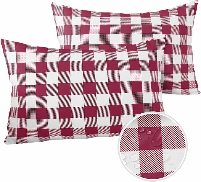 Outdoor Waterproof Throw Pillow Covers Set of 2 Wine Red Buffalo Check Plaid Lumbar Pillowcases 20x12 Inches Farmhouse Style Patio Decorative Pillows Cushion Case Patio Pillows for Couch Bed Garden