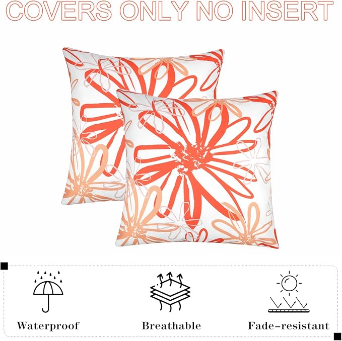Pyonic Outdoor Waterproof Pillow Covers Pack of 2 Dahlia Water Resistant Decorative Outdoor Pillow Covers 18x18 inch Square Patio Pillows for Funiture Garden,Orange