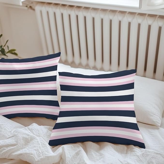 Pink Navy Blue Striped Outdoor Pillow Covers Waterproof, All Weather Cushion Case Set of 2, Minimalist Abstract Lines Artwork Decorative Pillowcases for Sofa Couch Bed Decor Patio Furniture 16"x16"