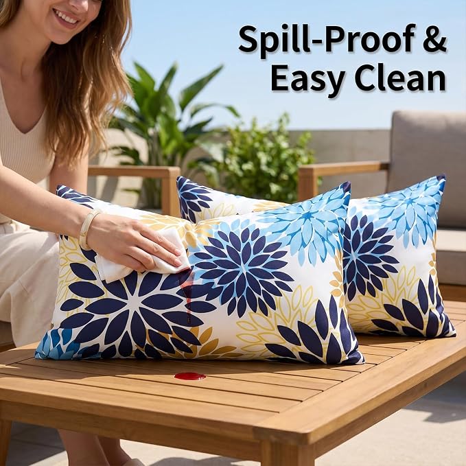 Dahlia Throw Pillow Covers 12x20 Inch Set of 2 Outdoor Pillows Waterproof Cushion Covers Decorative Pillowcases Blue and Yellow Square for Living Room Patio Garden Funiture