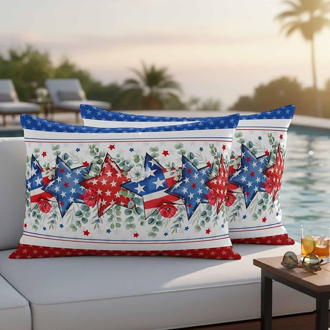 Independence Day Star Outdoor Pillow Covers 20"x12" Set of 2, Waterproof Throw Pillow Covers for Patio Furniture, Farm Red Blue White Star Eucalyptus Leaves Decorative Cushion Covers for Porch