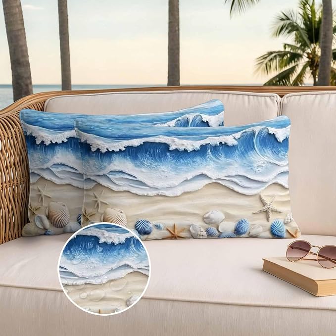 Summer Beach Outdoor Waterproof Throw Pillow Covers Set of 2, 20"x12", Seashell Starfish Nautical Coastal Decorative Pillow Covers Outside Cushion Case for Patio Porch Garden