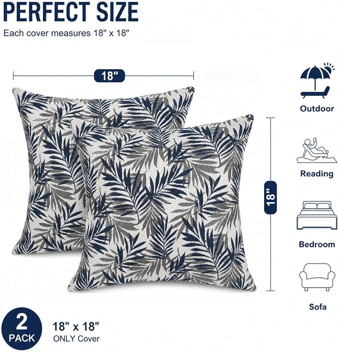 Outdoor Pillow Covers Waterproof Throw Pillow Covers, Set of 2 Jacquard Texture Water Resistant Fade Resistant Decorative Cushion Covers for Garden Patio Bench Couch Sofa, 18x18 Inch (Blue Palm)