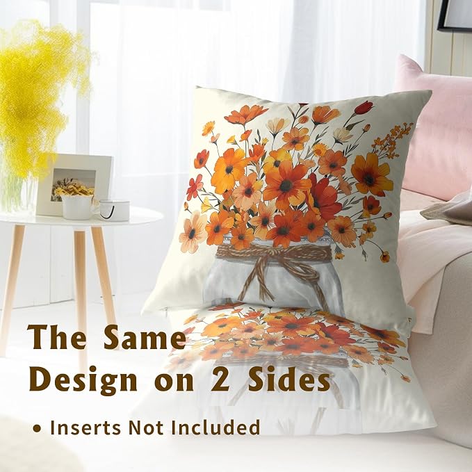 Orange Floral Throw Pillow Covers 22x22 Inch Set of 2, Colorful Autumn Fall Flowers Decorative Throw Pillowcase Cushion Cover Farmhouse Decor for Sofa Couch Bed