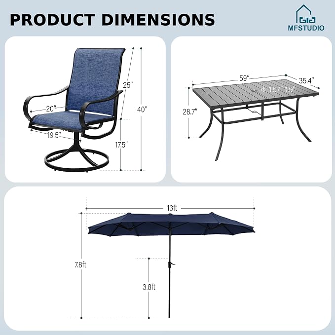 MFSTUDIO Outdoor Dining Set for 6, Patio Furniture Set with Navy Umbrella (Base not Included), Outdoor Rectangle Table and Navy Swivel Chairs Set for Patio, Deck, Backyard, Garden