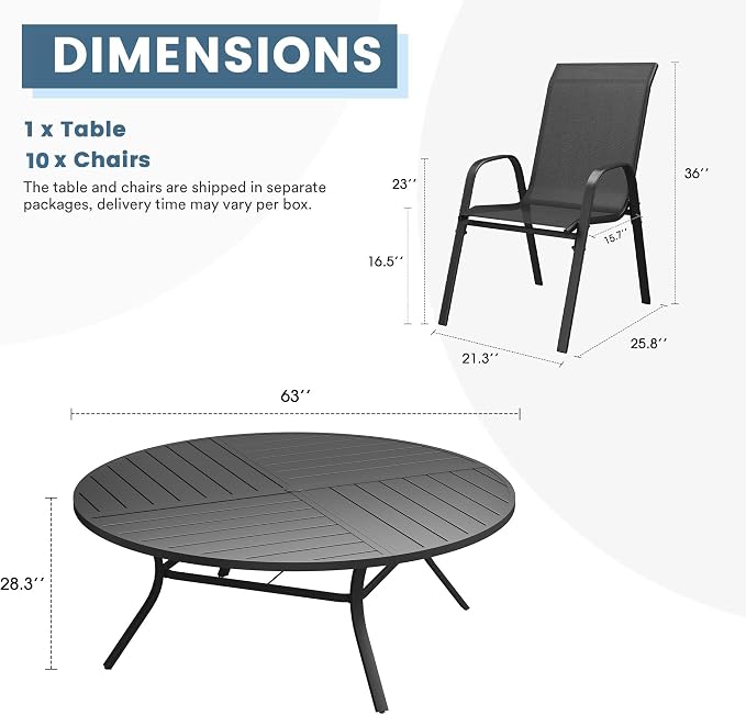 DIFY 11 Piece Outdoor Dining Set, 63" Black Round Metal Dining Table and Dark Grey Textilene Stackable Patio Chairs, Patio Table and Chairs Set for 10 with Umbrella Hole for Backyard Garden Deck