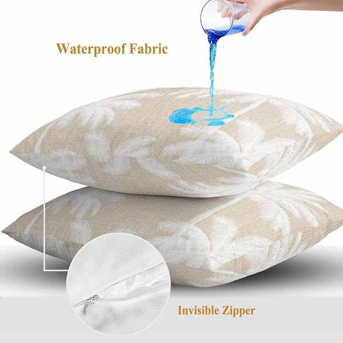 Outdoor Pillow Covers 16x16 Inch Set of 2, Beige Palm Trees Waterproof Throw Pillow Covers, Farmhouse Tropical Summer Beach Decorative Cushion Pillowcases for Couch, Sofa, Bed, Garden, Patio
