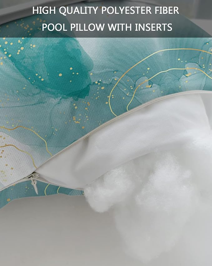 Outdoor Pillows Covers with Inserts Teal Green Marble Yellow Lines Gradient Waterproof Recliner Pillow with Adjustable Strap Throw Pillows for Patio Furniture Pool Lounge Chair, 11x16 inch, 2PCS