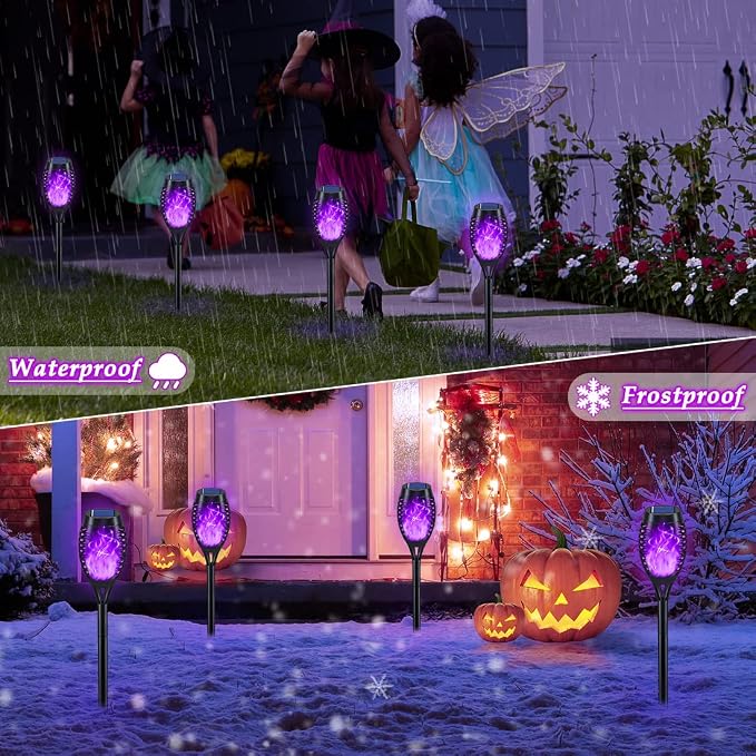 12Pack Purple Solar Halloween Lights for Halloween Decorations Outdoor | Halloween Solar Lights Outdoor with Flickering Flame, Waterproof Torches for Outside, Scary Halloween Yard Pathway Decoration