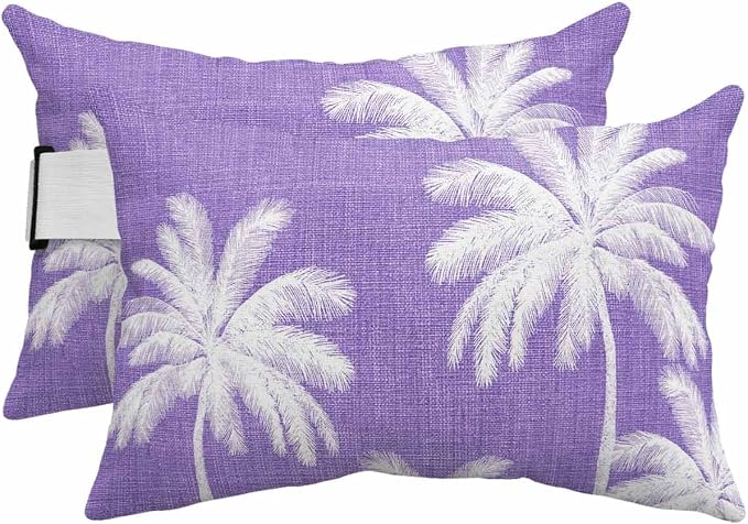 Pack of 2 Outdoor Lumbar Pillow Covers 11x16 Inch, Purple Palm Trees Waterproof Throw Pillow Covers Set, Farmhouse Tropical Summer Beach Indoor&Outdoor Decorative Cushion Cases for Patio Porch Car