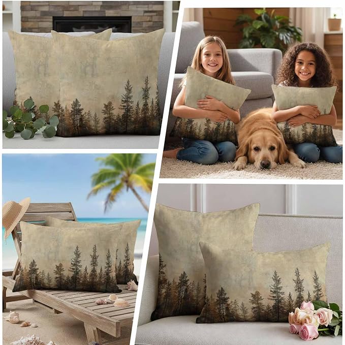 Outdoor Waterproof Pillow Covers 16x16Inch Vintage Forest Pine Tree Plant Throw Pillowcases for Patio Garden Couch Sofa Retro Natural Wild Scenery Decorative Cushin Case,Pack of 2