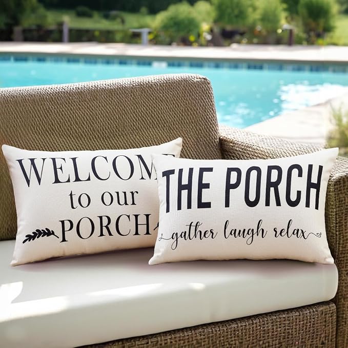 Porch Decor White Outdoor Lumbar Pillow Covers Waterproof 12x20 for Patio | Set of 2, Patio Decor, Porch Pillows, Outdoor Pillows Waterproof, Outdoor Pillows for Patio Furniture, Weather Resistant