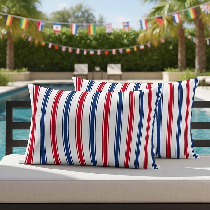 Outdoor Pillow Covers Set of 2, USA Independence Red Blue White Stripe Decor Throw Pillow Covers 20X12IN, President's Flag Day Throw Pillows Protector Cushion Case for Patio,Couch,Sofa,Garden