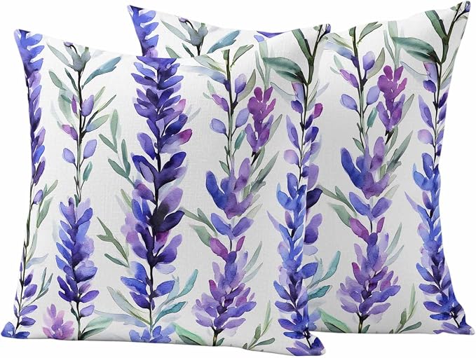Outdoor Waterproof Pillow Covers 16x16Inch Spring Purple Lavender Throw Pillowcases for Patio Garden Couch Sofa Watercolor Floral Art Decorative Cushin Case,Pack of 2