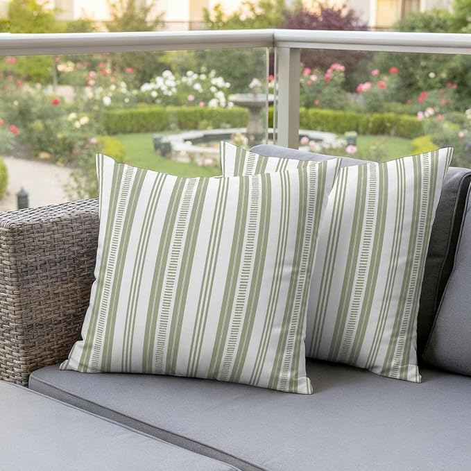 Sage Green Striped Outdoor Waterproof Pillow Covers, Farmhouse Stripes Modern Geometric Decorative Square Throw Pillowcase Sofa Cushion Sham for Patio/Couch/Chair, 18"x18" 2 Pack