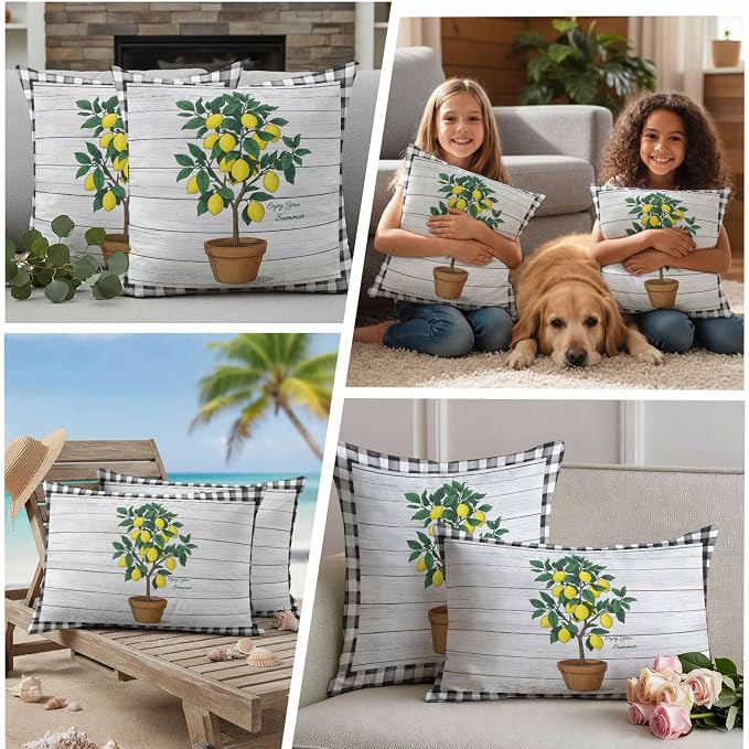 Summer Yellow Lemons Outdoor Waterproof Pillow Covers Set of 2, Green Leaf Botanical Gardens Wood Grain Plaid Pillowcase Decorative Throw Cushion Cases for Patio Garden Couch 20 x 12 Inches