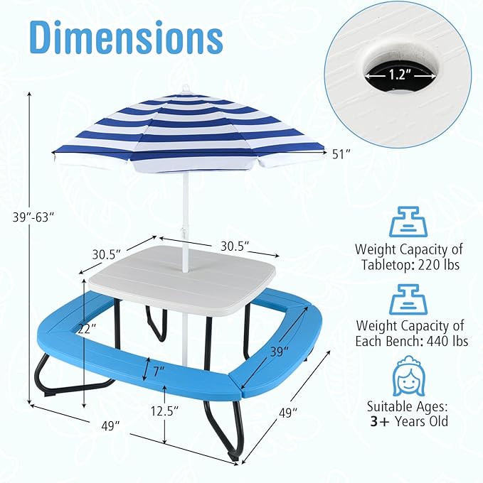 HONEY JOY Kids Picnic Table, 8 Person Toddler Outdoor Table and Chair Set, 4 Built-in Benches, Removable Umbrella, Metal Frame & HDPE Top, Children Outdoor Furniture for Backyard Patio Garden (Blue)