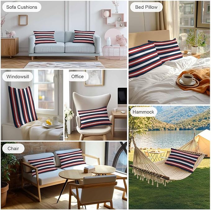 Red Navy Blue Striped Outdoor Pillow Covers Waterproof, All Weather Cushion Case Set of 2, Contemporary Minimalist Aesthetic Lumbar Pillowcase for Sofa Couch Bed Decor Patio Furniture 20"x12"