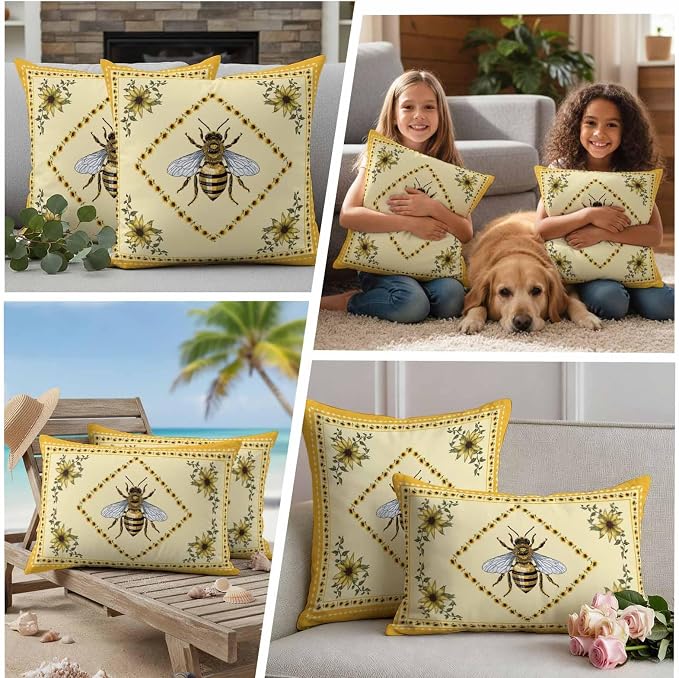 Sunflowers and Bee Outdoor Pillow Covers Set of 2, Farmhouse Retro Floral Decorative Waterproof Throw Pillow Case, Animal Honeybee Cushion Pillowcases for Couch Garden Patio 20x20In
