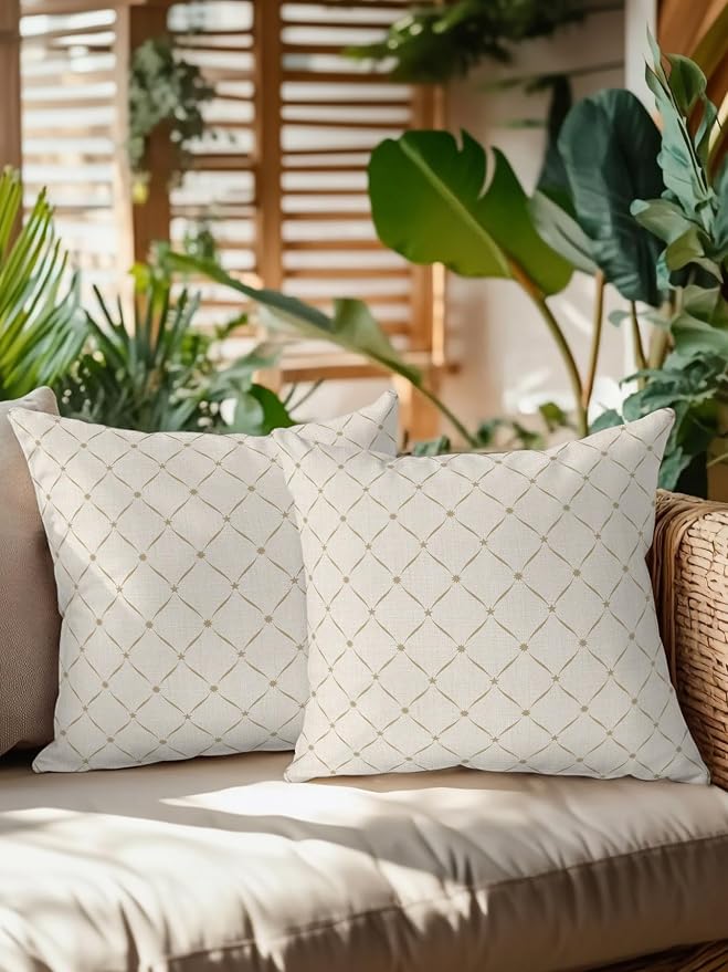 Waterproof Outdoor Pillow Set of 2 Beige Grid Plaid Decorative Throw Pillows Cover & Insert 16x16 Inch Pillowcase Diagonally Crossed Lines Pillows for Couch Sofa Bed Patio Furniture Indoor Outdoor