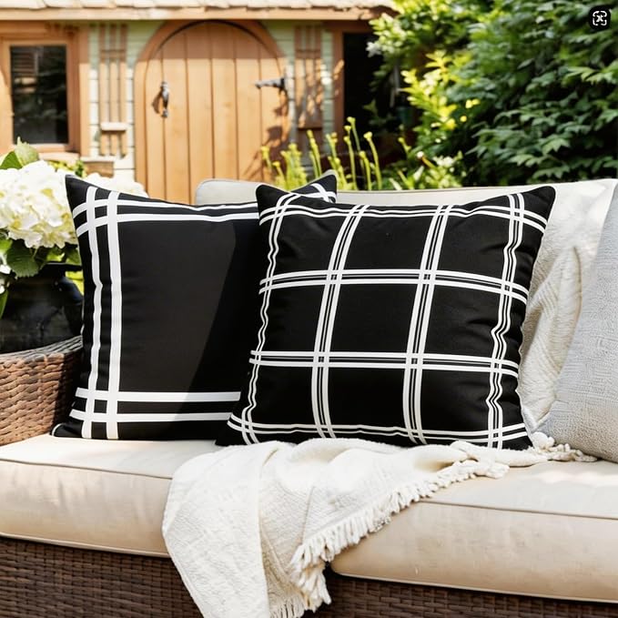 Set of 2 Outdoor Waterproof Pillow Covers 18x18 Black White Plaid | Classic Black and White Plaid Pattern Brings Farmhouse Charm to Indoor and Outdoor Decor