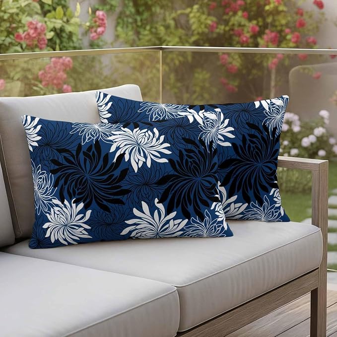 Yukro Blue Black Floral Outdoor Waterproof Pillow Covers Pack of 2, Vintage Blue White Black Flower Decorative Throw Pillowcases Cushion Covers for Garden Patio Tent Sofa Couch, 20x12 inch