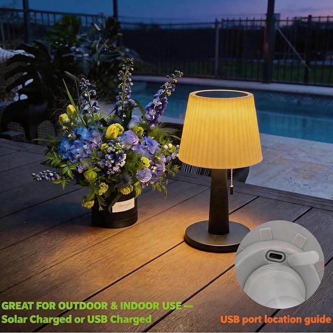 Beautyard Solar Table Lamps Outdoor Indoor - Mothers Gifts 3 Lighting Modes, 4000mAh Eye-Caring LED Waterproof Cordless Solar Desk Lamp with Pull Chain Garden Outside Patio Garden Bedroom