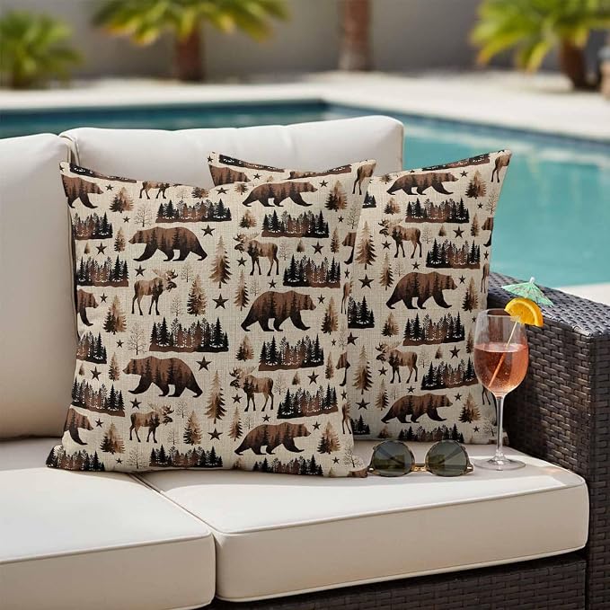 Brown Bear Elk Cabin Outdoor Pillow Covers 20x20 Inch Throw Pillow Covers Set of 2 Waterproof Decorative Pillow Cases Vintage Farmhousee Pine Tree Forest Cushion Covers for Patio Furniture Garden