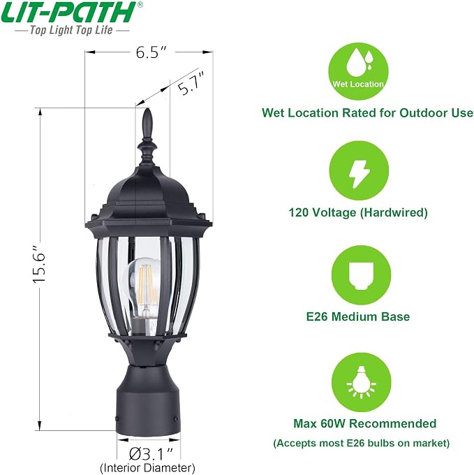 Outdoor Post Light, Rustproof Aluminum Pole Lamp, Black | Exterior Lamp Post Light Fixture for Garden, Yard, Pathway, Waterproof, Glass, E26 Base, Max 60W, 1 Pack