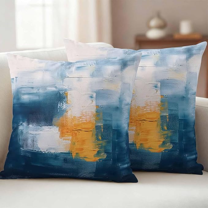 Blue Yellow Outdoor Waterproof Throw Pillow Covers Set of 2, 24"x24", Abstract Oil Painting Decorative Pillow Covers Outside Cushion Case for Patio Porch Garden