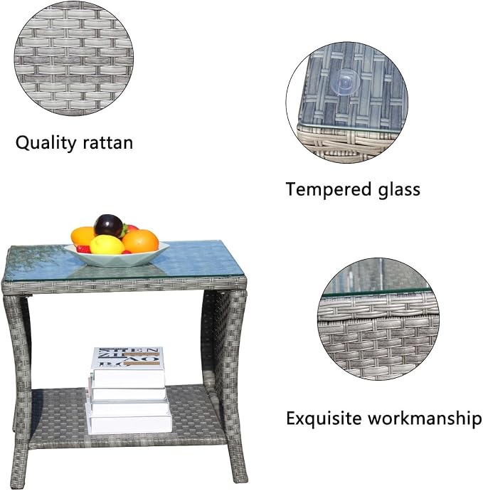 Rattan Side Table with Glass Top, Outdoor Wicker End Table for Patio, Porch, Garden, 19.25" Square, 21" Tall, 120 Lbs Capacity, Weather-Resistant PE Rattan, Easy Assembly
